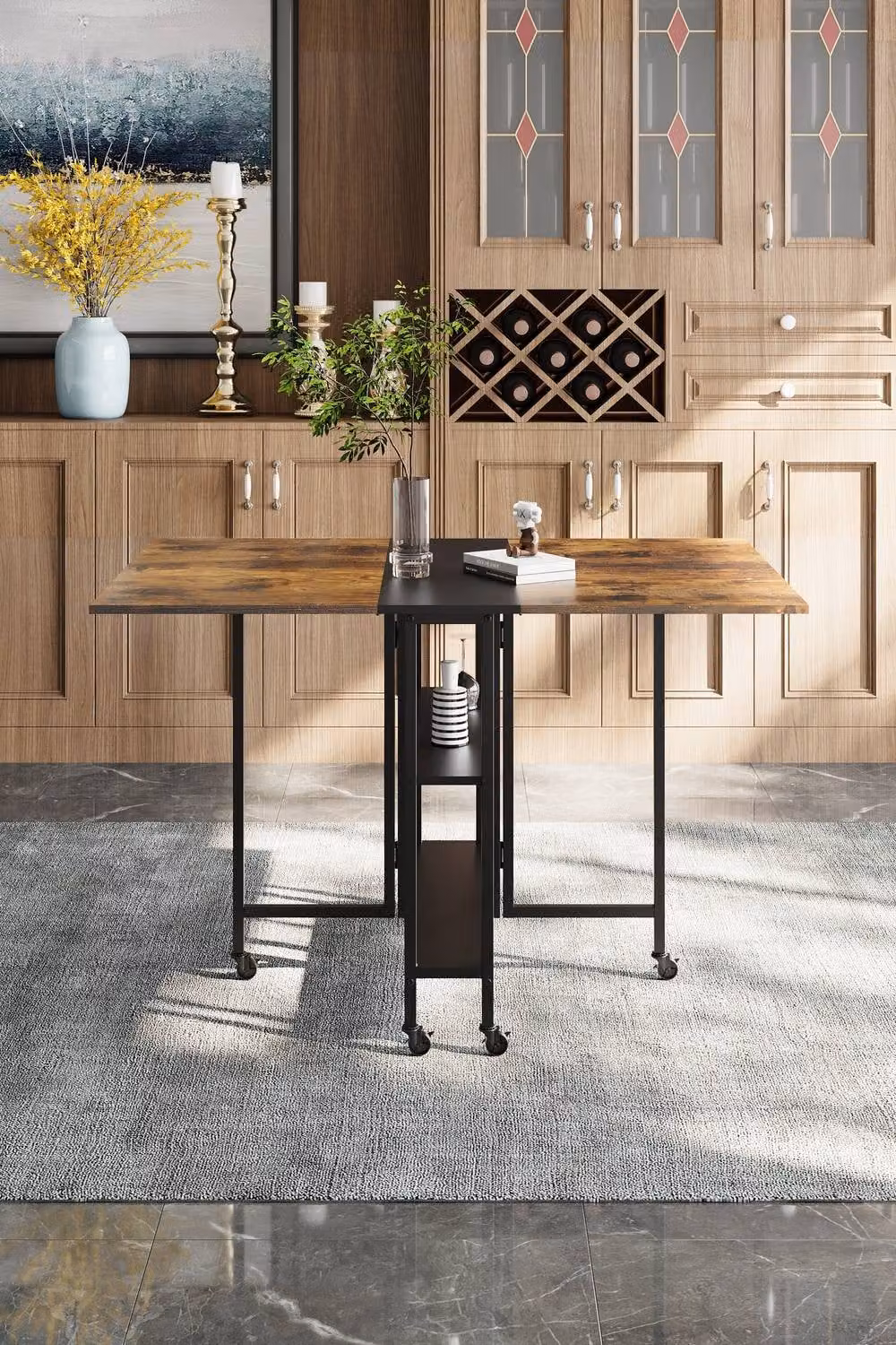 Garden Sanctuary Brown Folding Rectangular Dining Table with Castors and Storage Shelves – 3