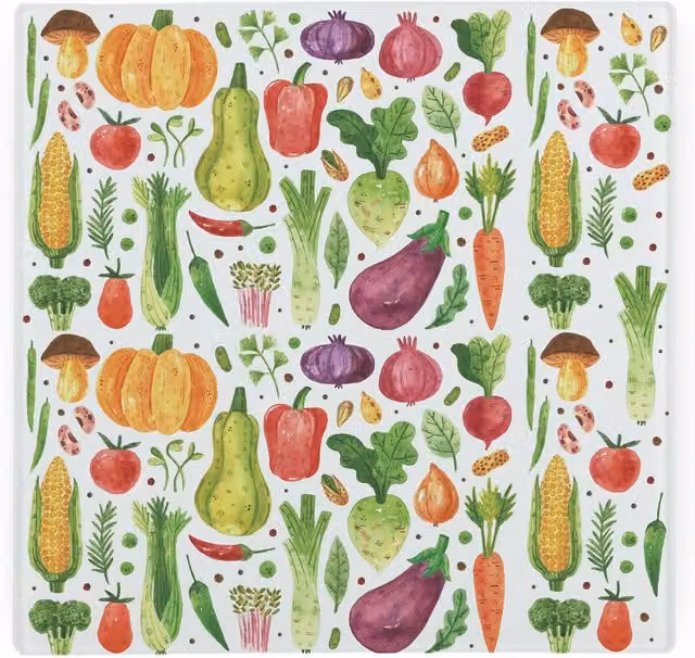 Purely Home Watercolour Vegetables Large Square Glass Worktop Protector and Chopping Board in Green and Multicolour