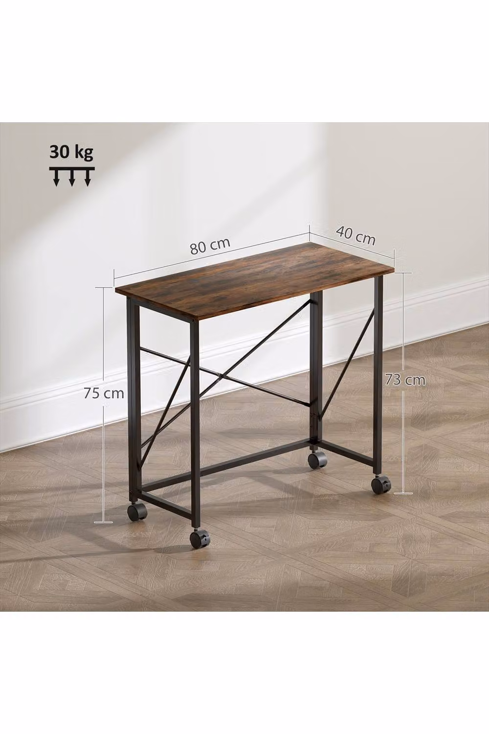 ERGOVEXA Folding Computer Desk with Castors, Rustic Brown, W: 80 cm, H: 75 cm – 2