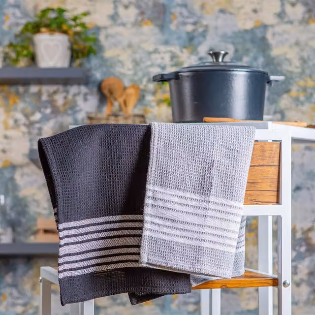 Nicola Spring Highly Absorbent Striped Cotton Tea Towel in Black, White and Grey