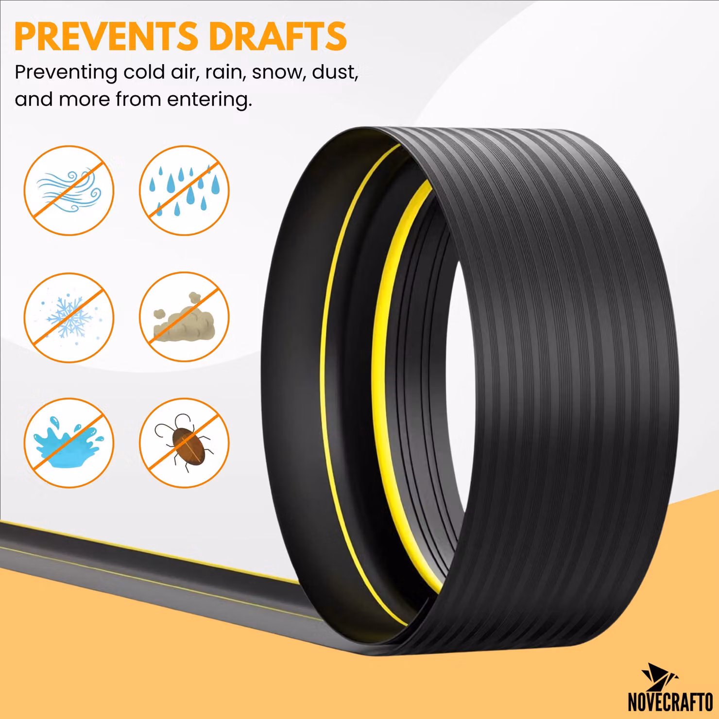 Novecrafto Universal Fit EPDM Rubber Garage Door Seal, 3m Length, Black Self-Adhesive Weatherproof Threshold Draught Excluder – 2