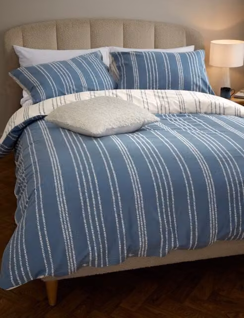 M&S Pure Brushed Cotton Striped Flannelette Bedding Set, Slate Blue, W: 200 cm x L: 200 cm