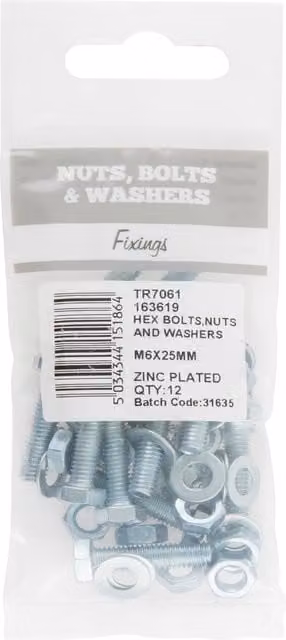 Hiatt Galvanised Silver Hex Bolt, Nut and Washer Set M6 x 25mm