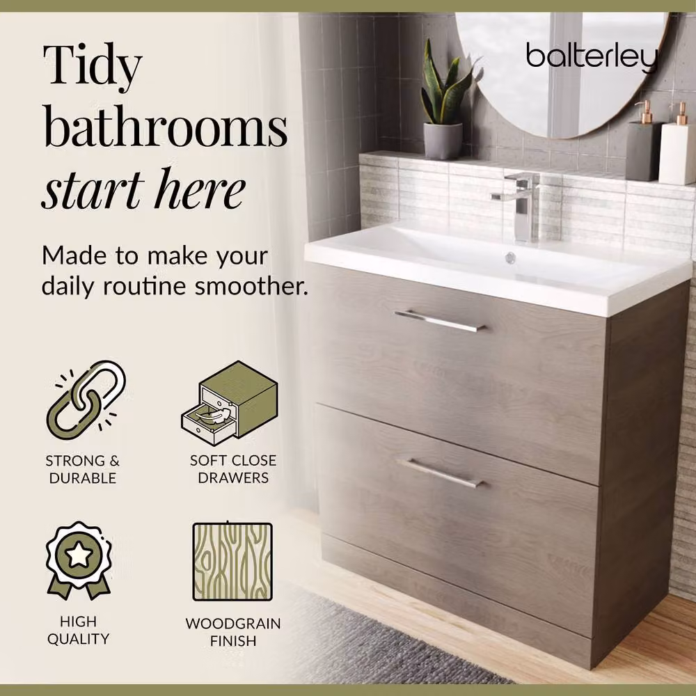 Balterley Contemporary Bathroom Floor Standing 2-Drawer Vanity Unit and Mid-Edge Ceramic Basin in Solace Oak Brown, Width: 80 cm – 3