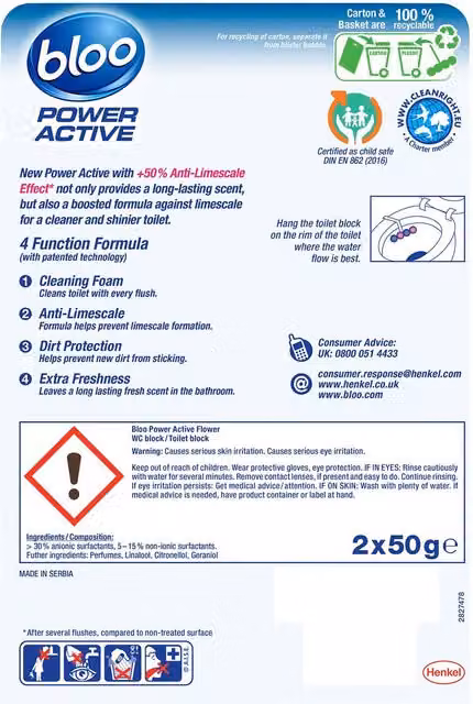 Bloo Toilet Rim Blocks Power Active Flower 4 Function Cleaning Formula in Blue, 6 Pack