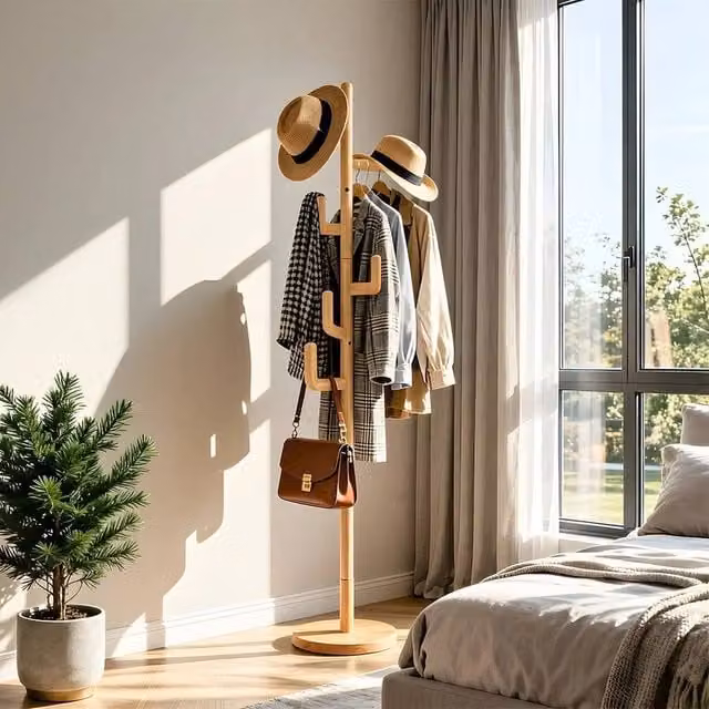 VOGREX Wooden Tree Coat Stand with Hooks in Natural Sand Rubberwood, Height: 173.0 cm, Width: 35.0 cm – 1