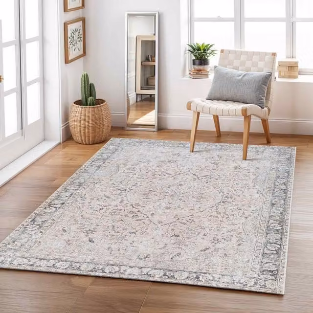 Livabliss Amelie Washable Vintage Boho Living and Dining Rug in Grey and Pink, W: 200 cm, D: 275 cm