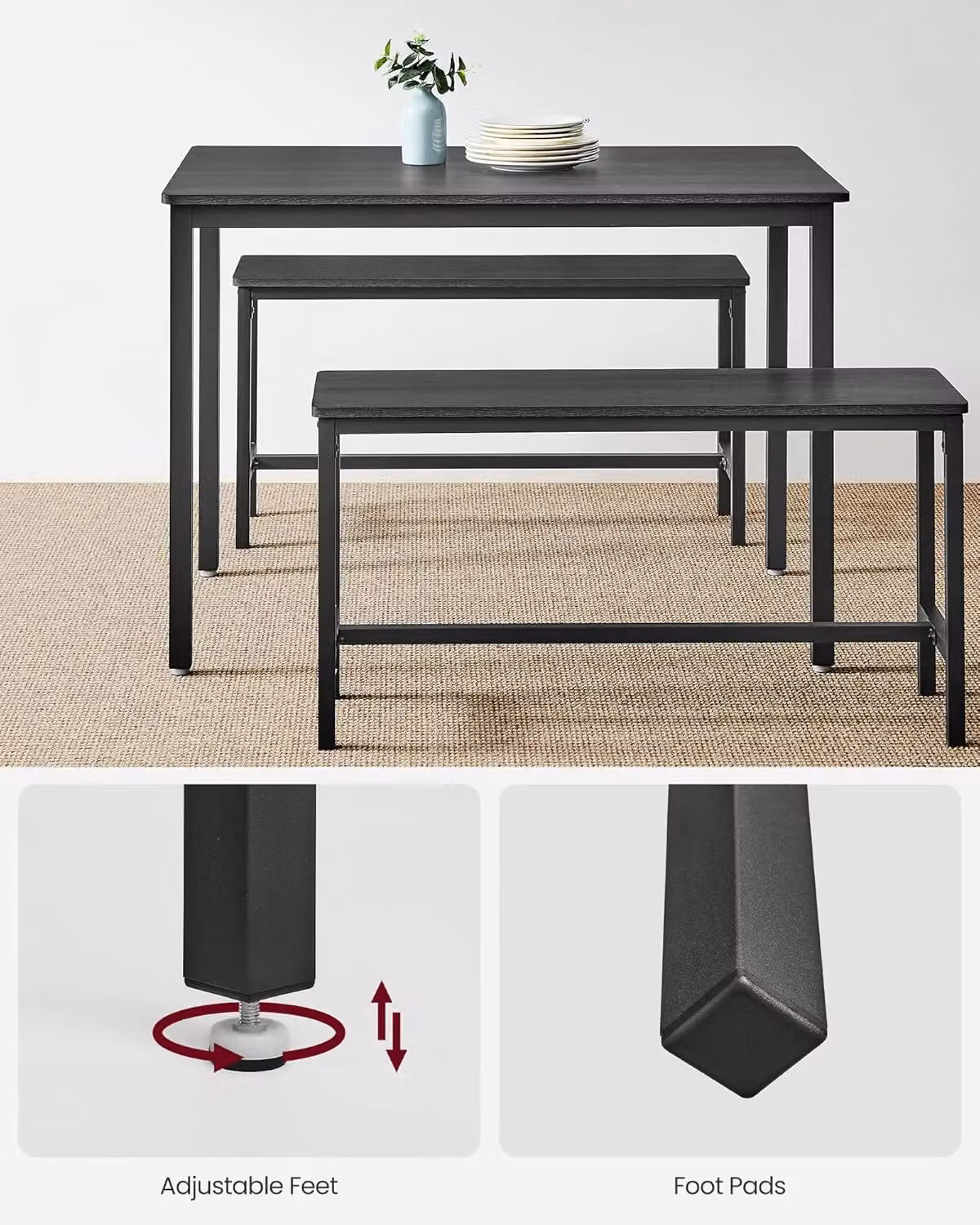 VASAGLE 3 Piece Industrial Style Dining Table and Benches Set in Black – 5