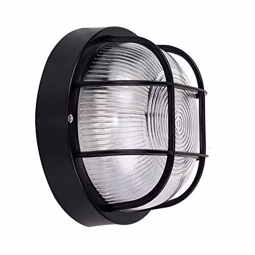 MiniSun Modern Black Round Bulkhead Outdoor Wall Light with 10W Cool White LED Bulb – 1