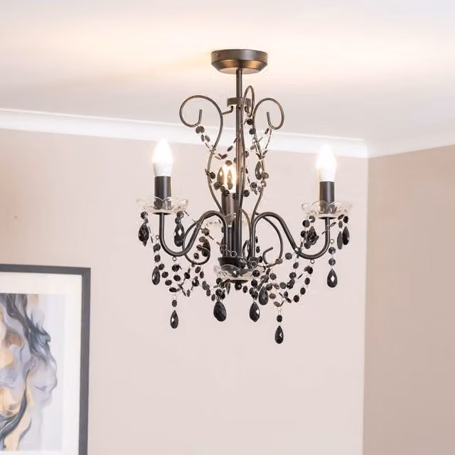 ValueLights Viscount 3 Way Jewel Chandelier Crystal Ceiling Pendant Light in Black