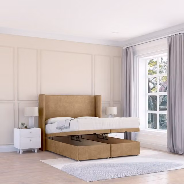 Sloomy Devonshire Dumfries Small Single Fabric Ottoman Bed with Hybrid Memory Mattress and 54 Inch Winged Floorstanding Headboard in Beige