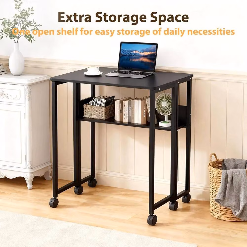 KORVIXA Folding Writing Desk with Storage Shelf and Castors, Black, W: 100 cm, D: 50 cm, H: 74.93 cm – 3