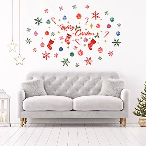 WALPLUS Merry Christmas and Colourful Snowflakes Wall Sticker Decal Set in Multicolour for Living Room and Nursery Decor
