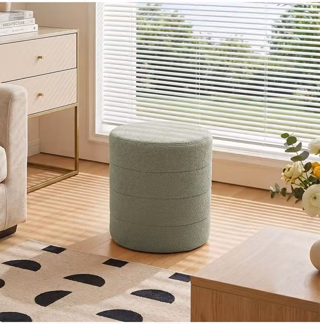 Living and Home Round Teddy Fleece Upholstered Footstool in Green – 1