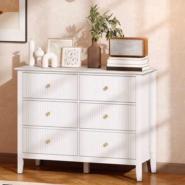HOMCOM Fluted 6 Drawer Chest of Drawers and Dresser in White and Gold
