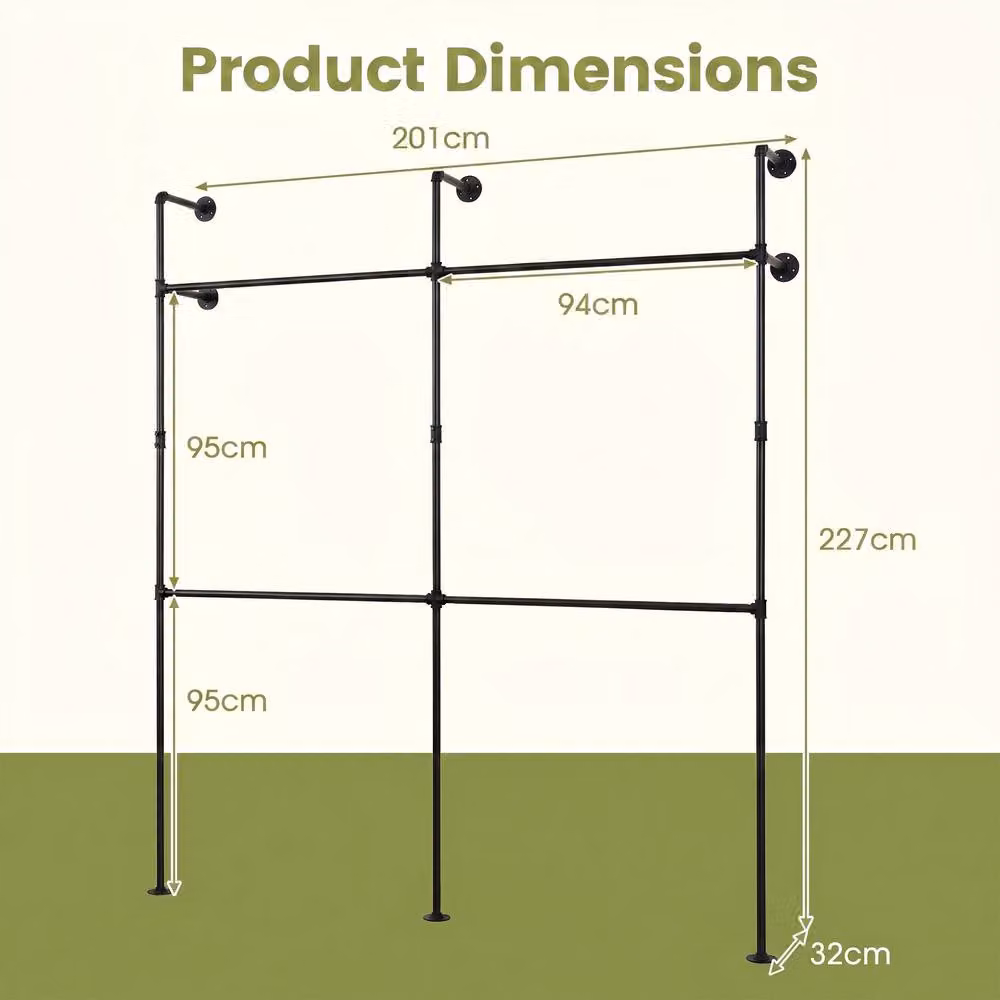 Gymax Wall Mounted Industrial Pipe Clothing Rack with 4 Metal Garment Hanging Rods in Matt Black, 227 cm – 3