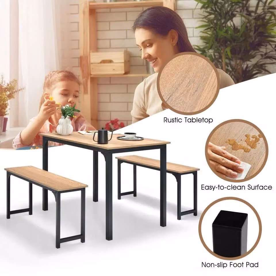 Costway 3 Piece Industrial Dining Table Set with 2 Benches in Natural Brown and Sand – 4