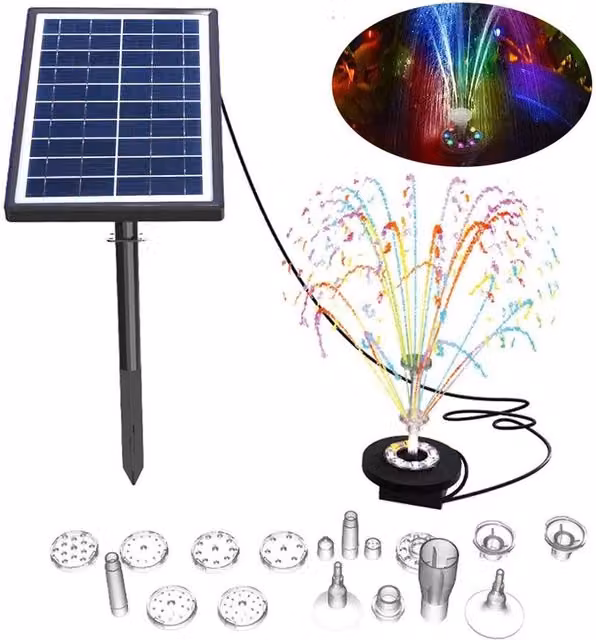 NESTLUNE Solar Fountain Pump with 400L/H Flow Rate, 7W Power, Battery Backup and 8 LED Lights in Black – 1