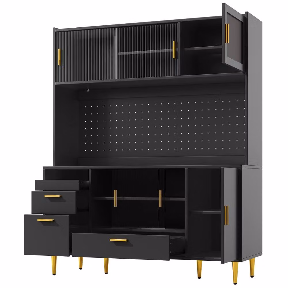 Rolipo Modern Black Matt Tall Living Room Cabinet with Integrated LED Lighting and Glass Doors – 7