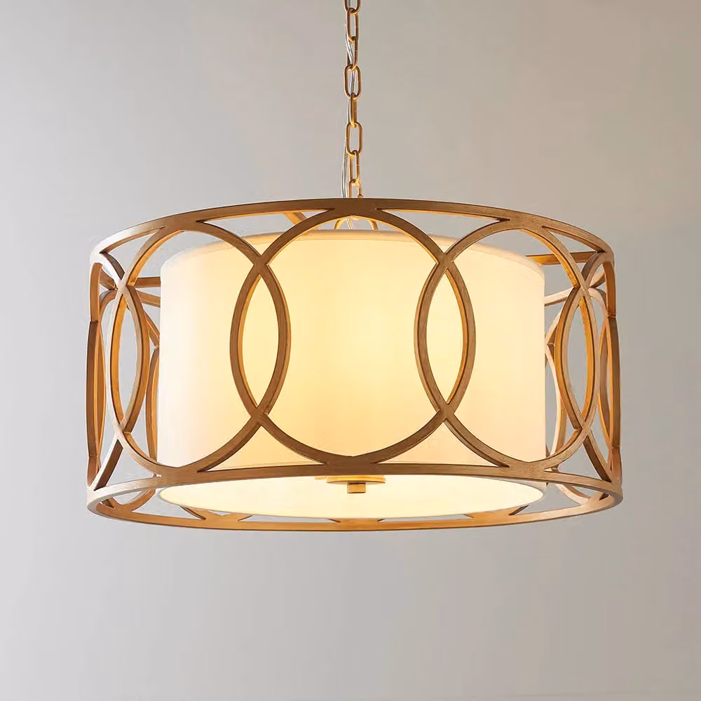 Loops Dimmable Multi Arm Ceiling Pendant Light with White Fabric Shade and Brushed Gold Metal Finish – 3