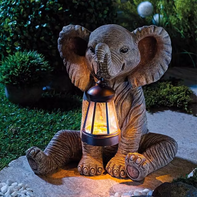 Coopers of Stortford Gainsborough Elephant Solar Lantern Garden Ornament in Grey with Warm White LEDs, Height: 28.5 cm