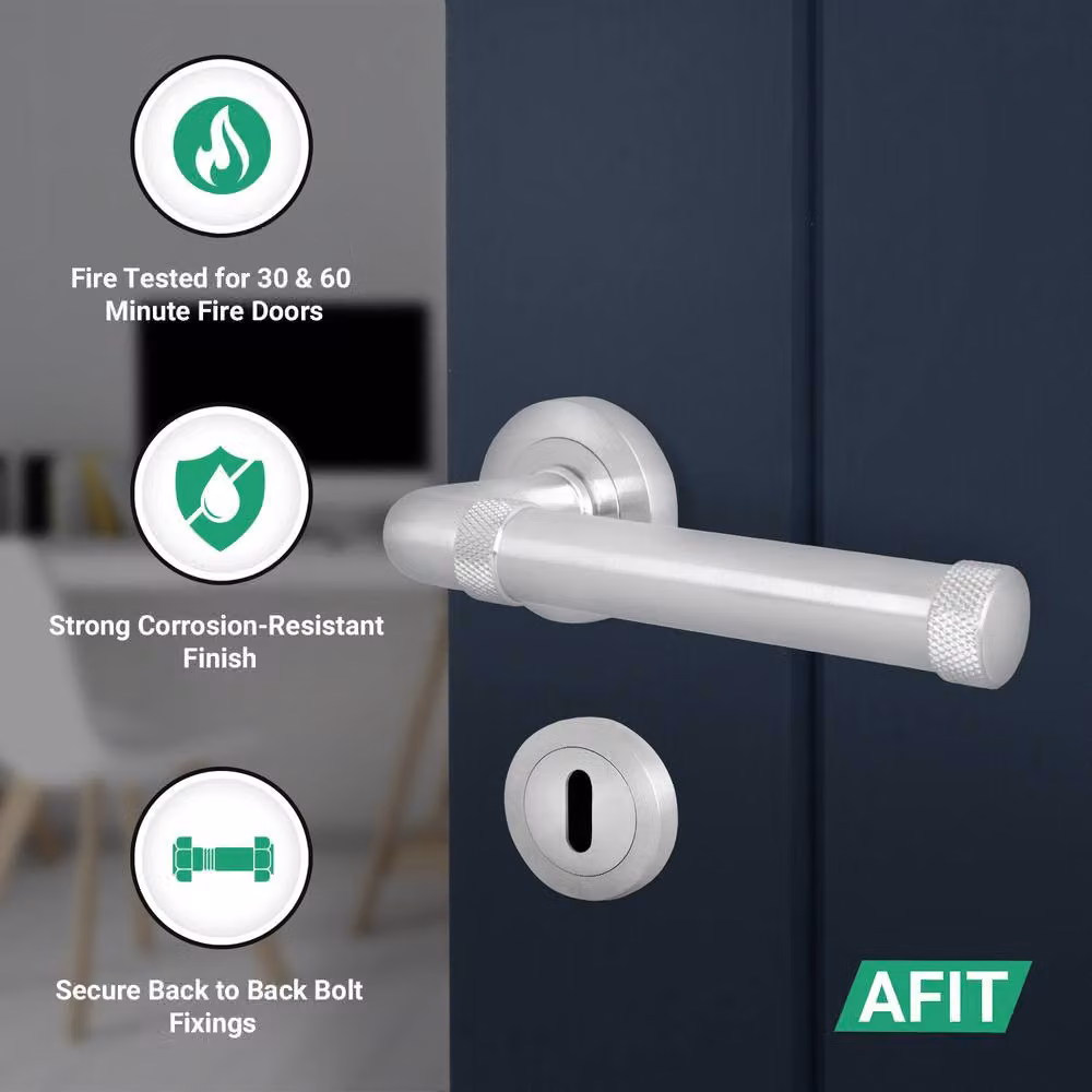 AFIT Satin Nickel Fire Door Handle and Key Lock Set with Internal Hinges in Silver, 150 x 150 mm – 2