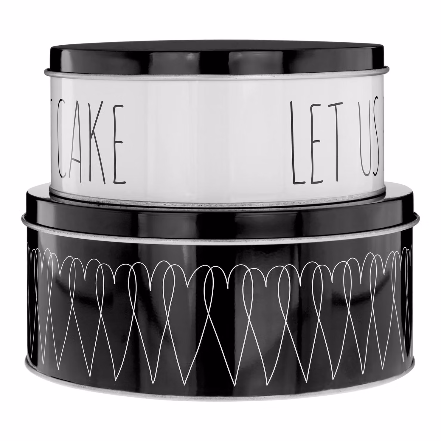 Orsina Heartlines Set of 2 Decorative Round Metal Cake Storage Tins with Lids, Black and White Heart Pattern – 2