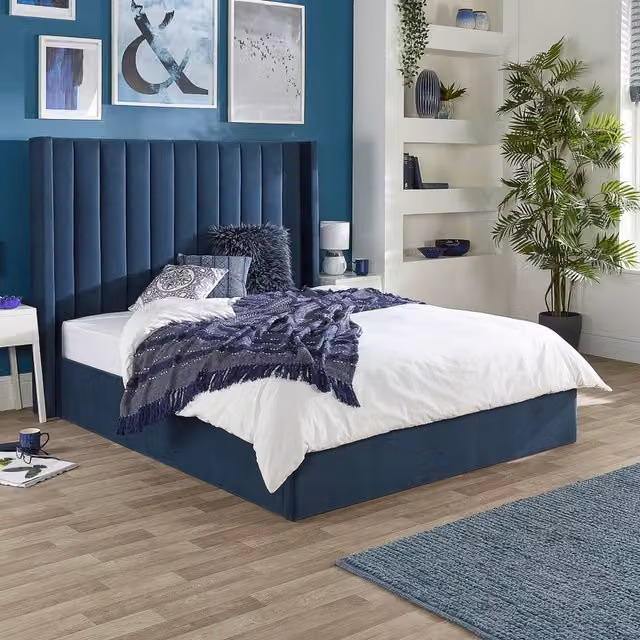Aspire Helix Blue Velvet Upholstered Ottoman Storage Bed with Lift Up Base, 180 x 200 cm