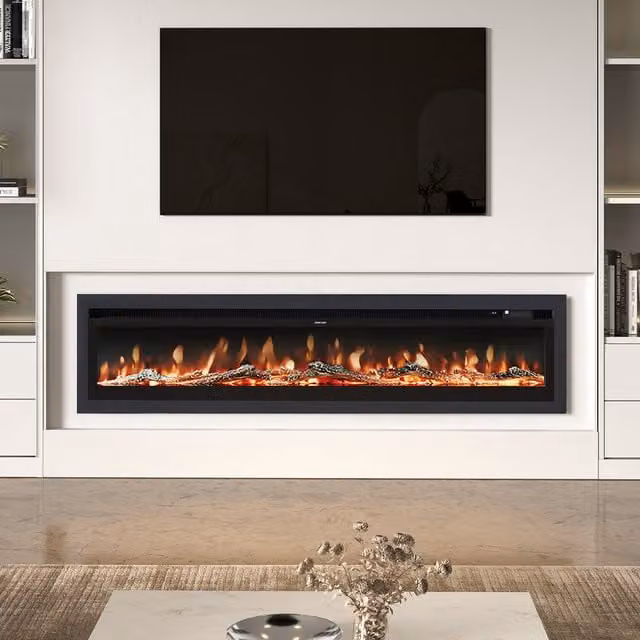 Livingandhome Black Wall-Mounted Recessed Electric Fireplace with Glass Front