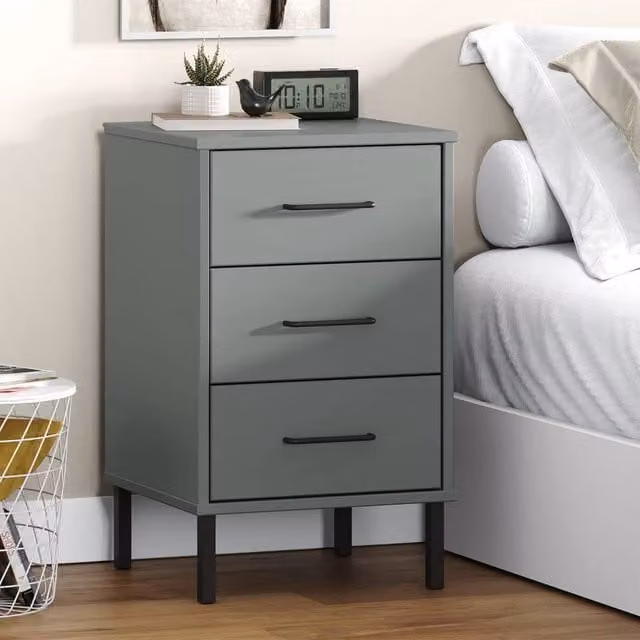 Berkfield Home Oslo Bedside Cabinet in Grey Solid Pine Wood with Metal Legs – 1
