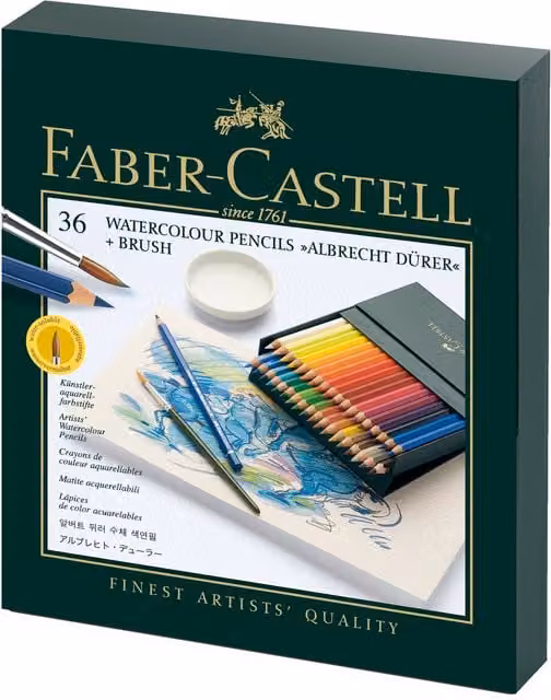 Faber-Castell Albrecht Dürer Professional Watercolour Pencils, 36 Multicolour Pencils with Brush in a Gift Box