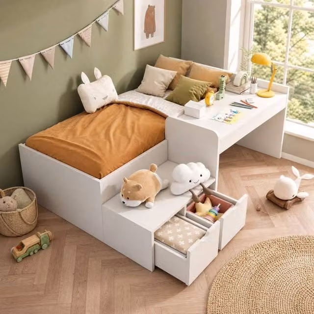 STILVORA White Single Bed Frame with Storage Drawers, W/D/H: 90 x 190 x 82.5 cm – 1