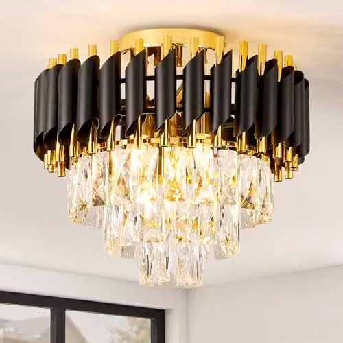 Harper Living Modern Crystal Ceiling Light with 3 Tiers in Black and Gold Finish – 1