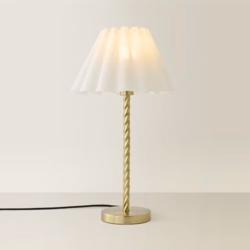ValueLights Maura White Scallop Pleated Tapered Table Lamp with Brushed Gold Twist Base and Bulb – 1