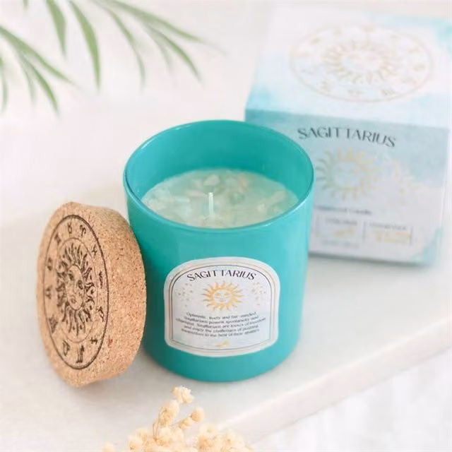 Uniqueful Sagittarius Ylang Ylang and Amber Gemstone Zodiac Pillar Candle in Green