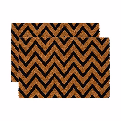 Nicola Spring Coir Door Mat Set of 2, Zig Zag Graphic Design, Brown and Multicolour, W/D: 60 x 40 cm