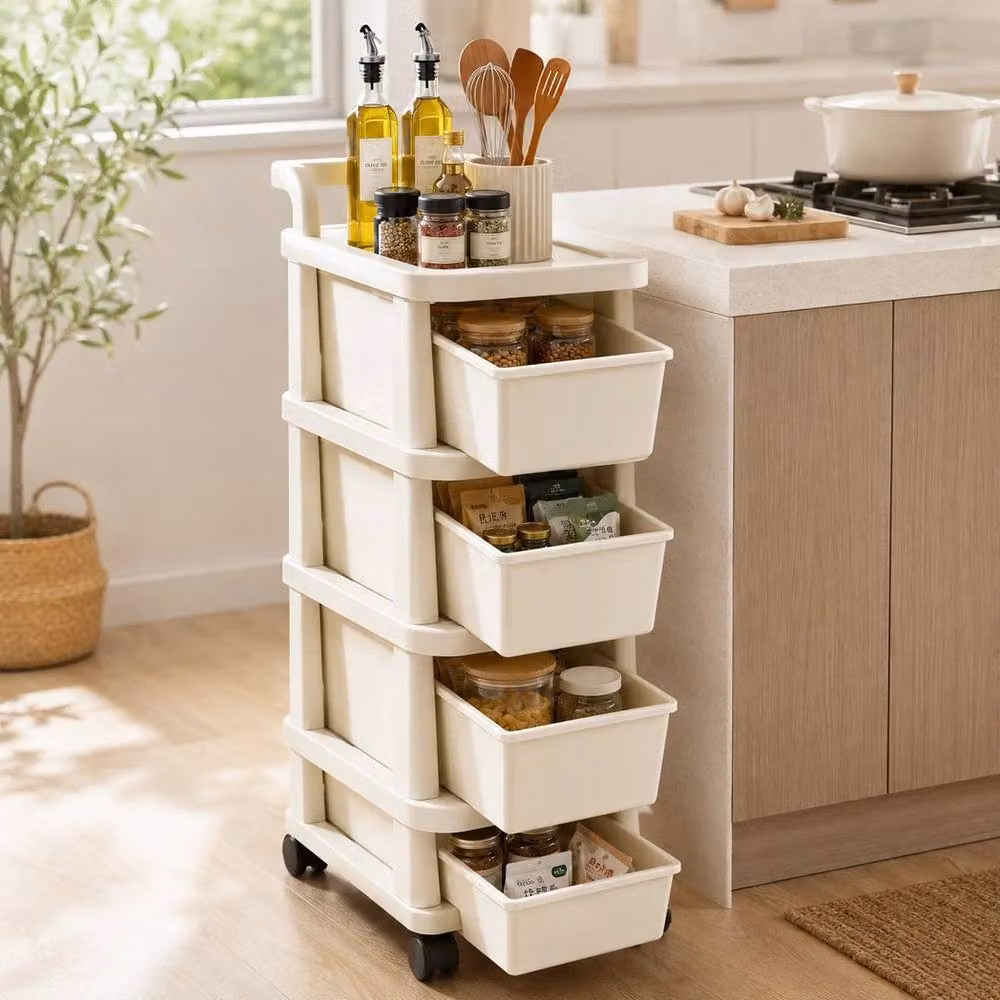 FORGEVIO 4-Tier Plastic Storage Trolley Drawer Cabinet on Wheels in Beige, W: 50 cm, D: 50 cm – 3