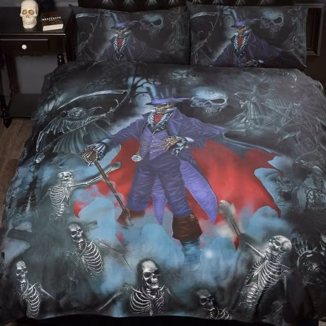 Alchemy Magistus Gothic Skeleton Duvet Cover and Pillowcase Set, Black, Purple, Red and Gold, W/D/H: 200 x 200 cm and 50 x 75 cm
