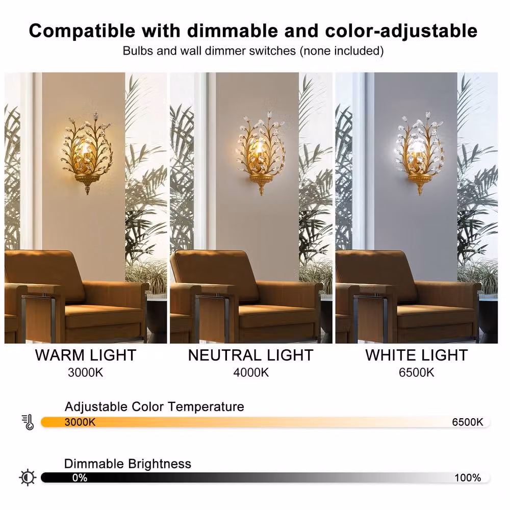 NIVOR Crystal and Metal Flush Mounted Vanity Wall Lamp in Gold/Brass – 3