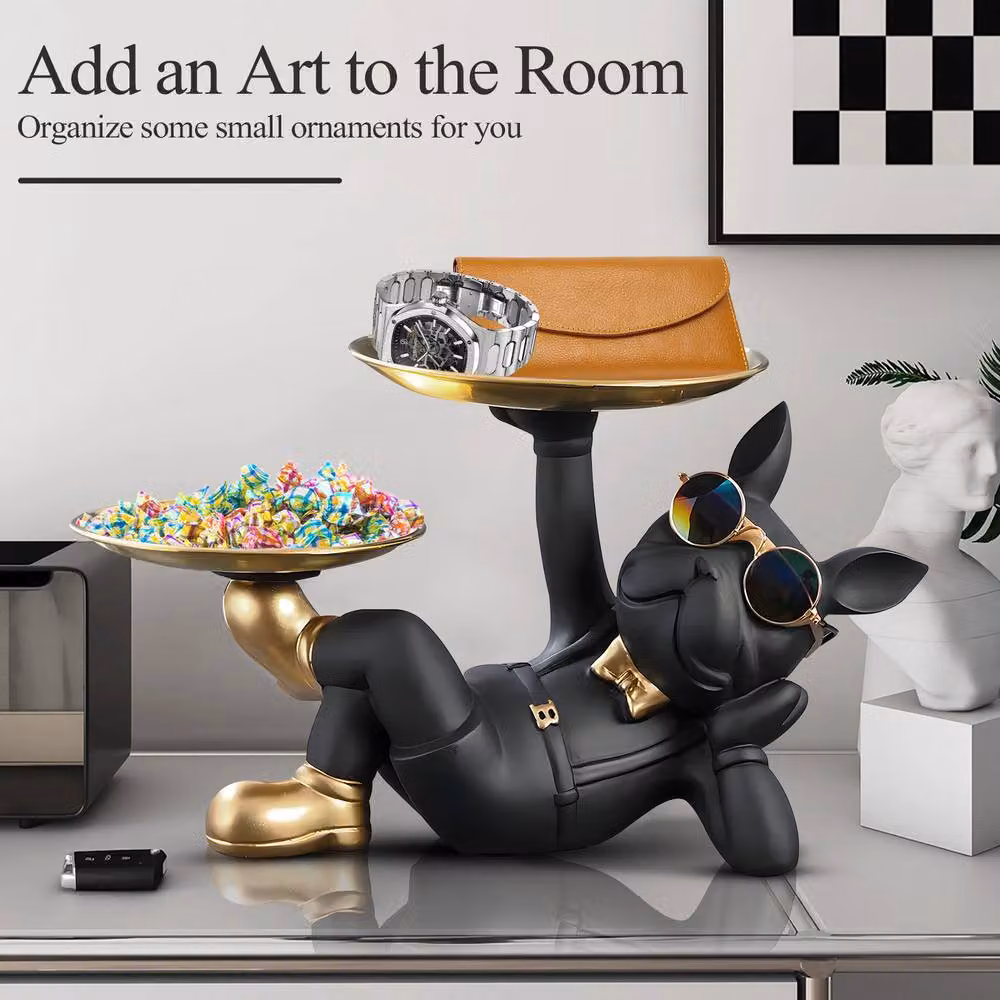Huhote Black Resin French Bulldog Statue with Tray Lying Sculpture Decor – 4