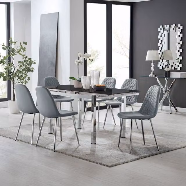 Furniturebox Enna Black Glass Extending Rectangular Dining Table and 6 Corona Silver Leg Chairs in Grey