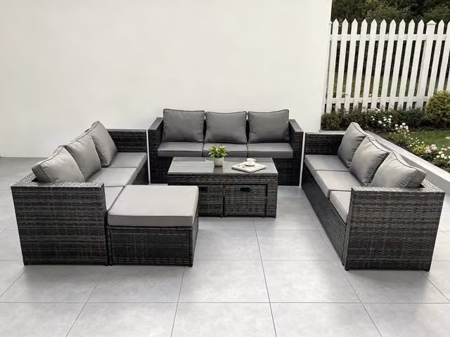 Fimous Outdoor Rattan Garden Furniture Set in Grey with 3-Seater Sofa, Coffee Table and Ottoman – 1