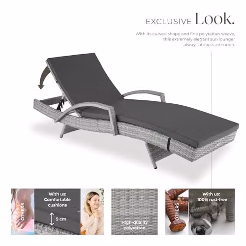 tectake Rattan Sun Lounger with 5-Position Adjustable Backrest and Soft Cushion in Light Grey – 5