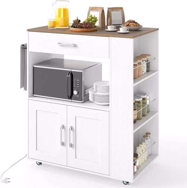 Costway Rolling Wooden Kitchen Island with Charging Station and Drawer in White – 1