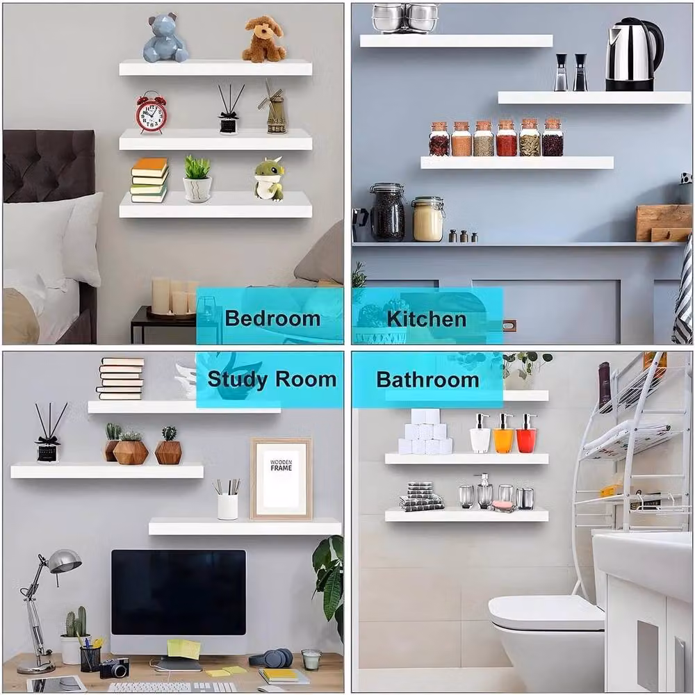 Kelvenix 3-Piece Set of White Modern Floating Wall-Mounted Shelves, Width: 80 cm – 4