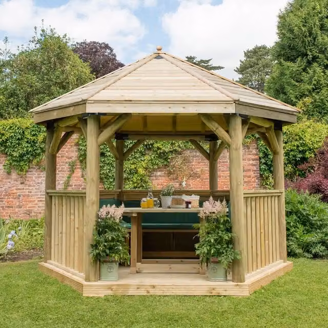 Forest Green Hexagonal Garden Gazebo with Pine and Steel Frame, 3.6 Metre