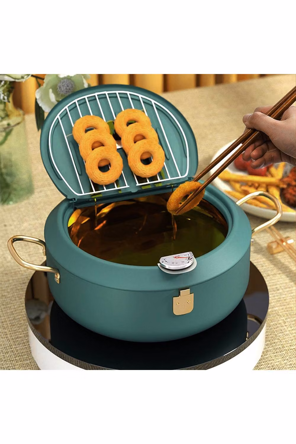 Living and Home Japanese-style Dual-Handle Tempura Deep Frying Pot with Thermometer in Green and Gold – 4