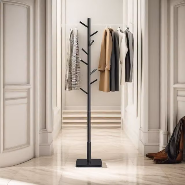FURNOS Black Lacquered Rubberwood Coat Stand with 8 Hooks and Square Base – 1