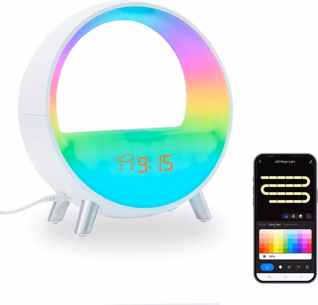 ValueLights Smart Sunrise Alarm Clock with Wireless Charging and RGBIC Lighting in White