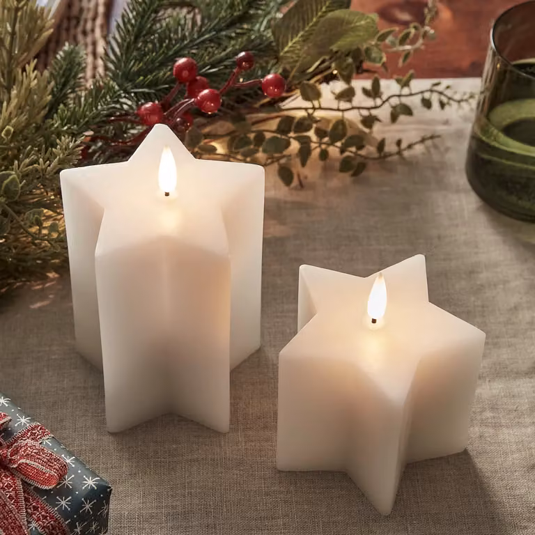 TruGlow White Star Christmas Candle Duo with Remote Control, Flicker Effect and Timer, White